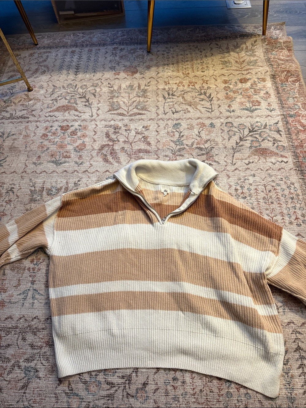 Striped Half-Zip Pullover Sweater in Cream and Tan